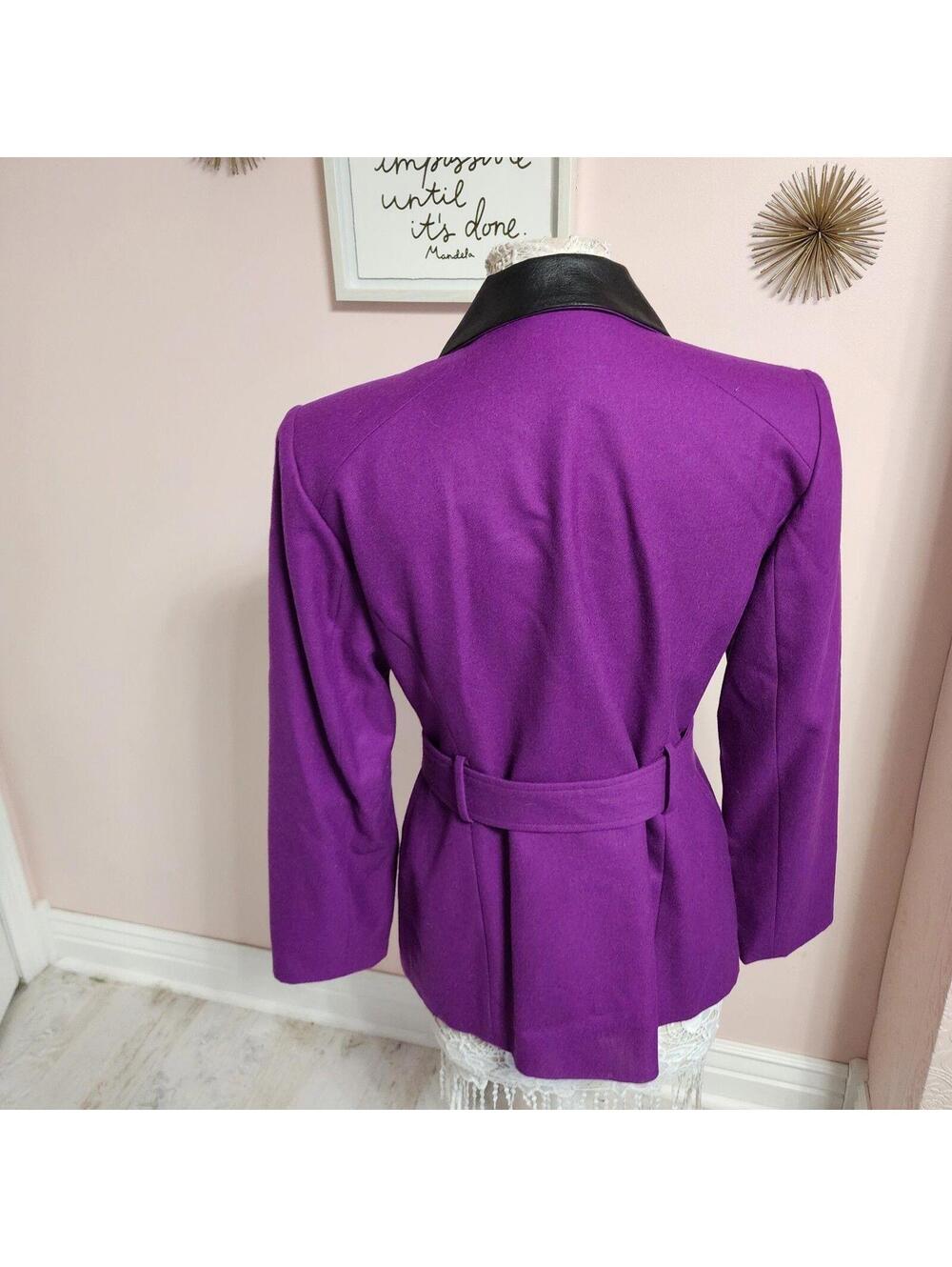 Vintage Gantos Purple Wool Belted Jacket Size 12 Faux Leather Collar Read - Picture 3 of 9